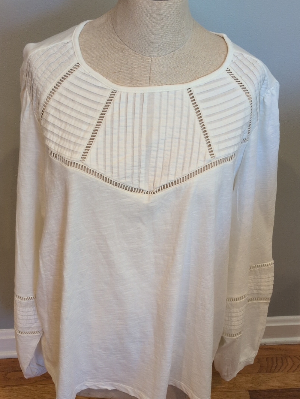 Lands' End Women's Ivory Pintuck Yoke Long-Sleeve Top 2X